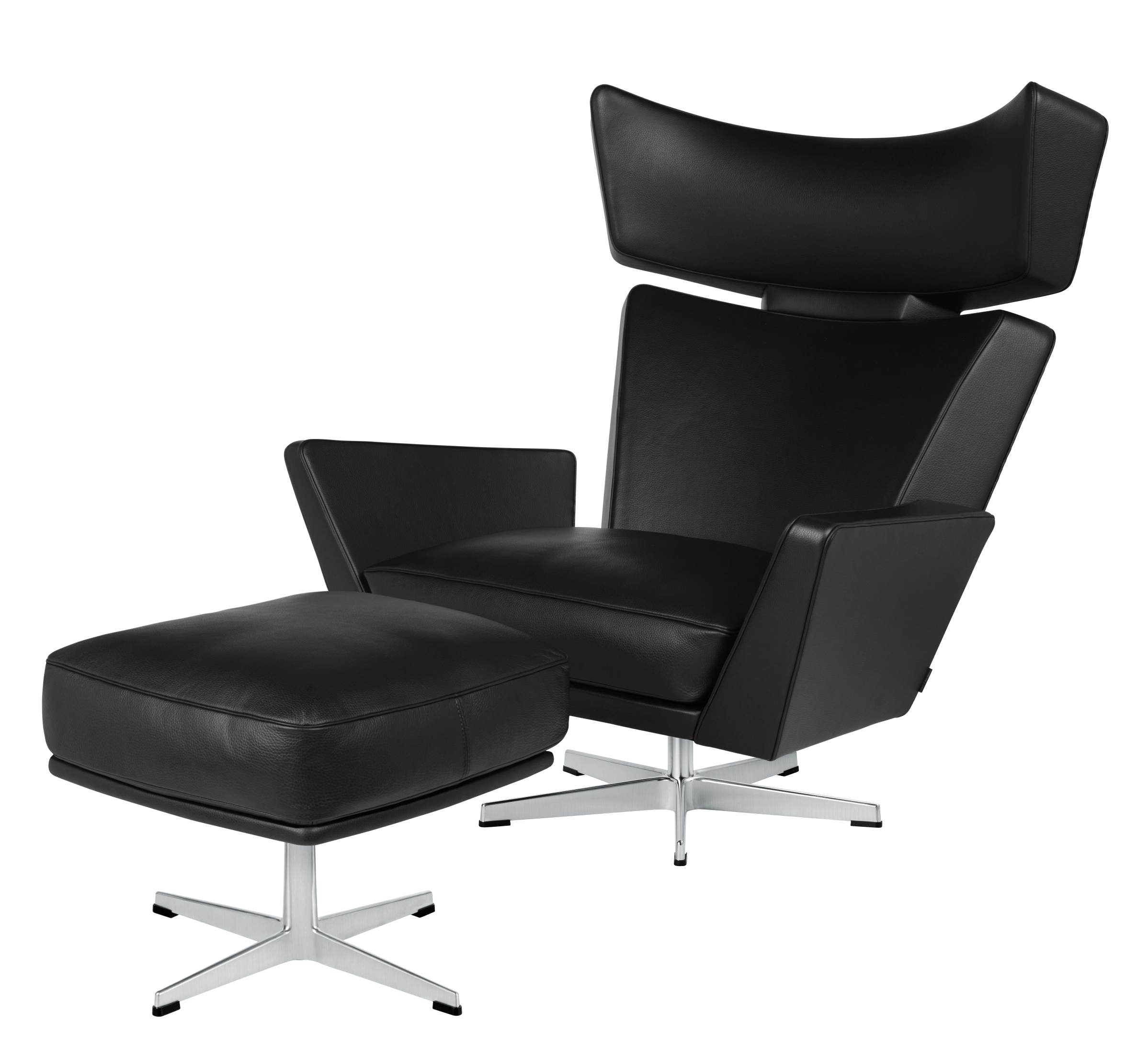 Schwarzer Oksen Sessel von Fritz Hansen mit passendem Hocker, Leder und Drehfuß.