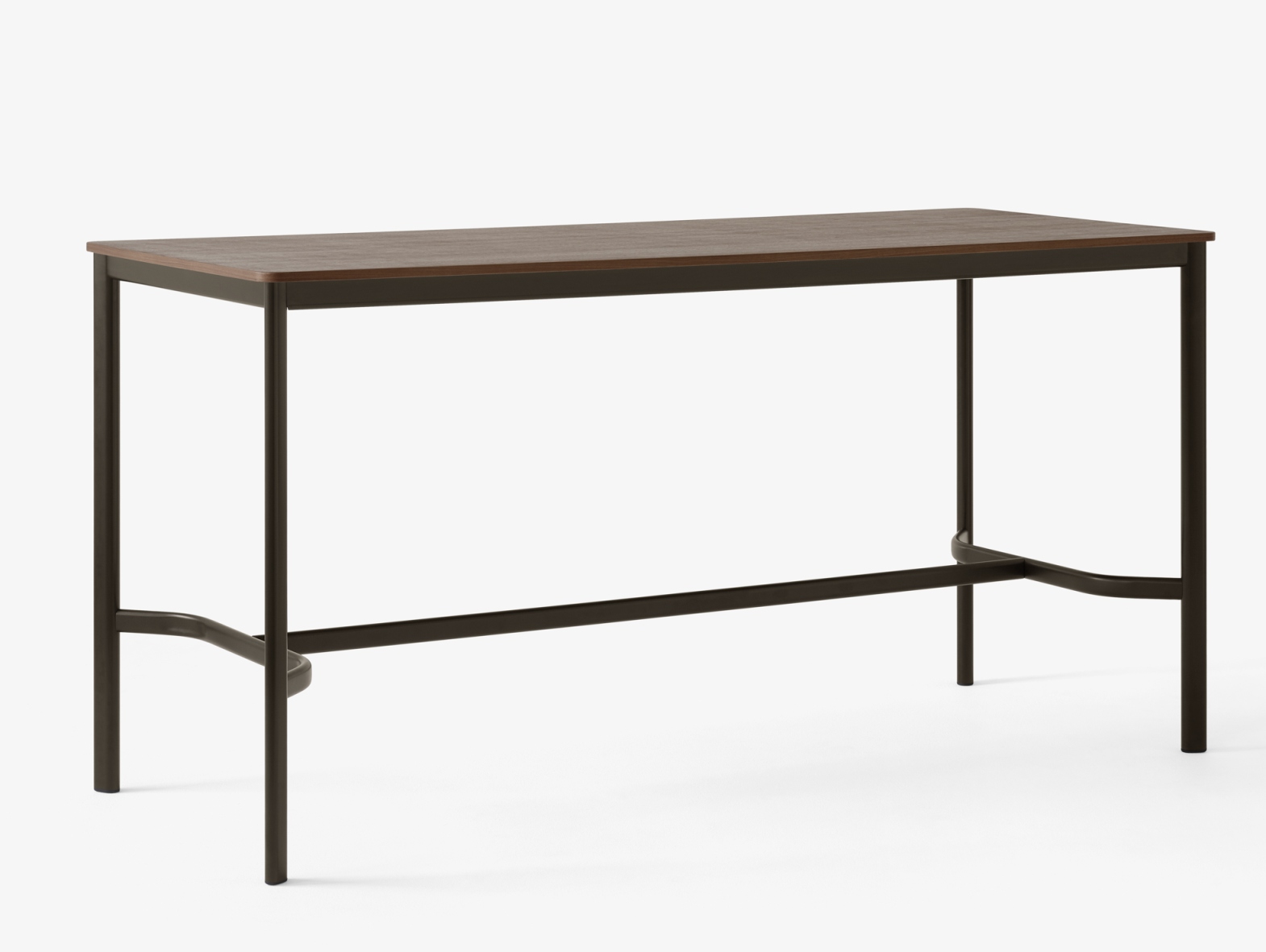 AndTradition Drip Stehtisch mit dunkler Holzplatte und schwarzem Metallgestell, ideal für moderne Büros.