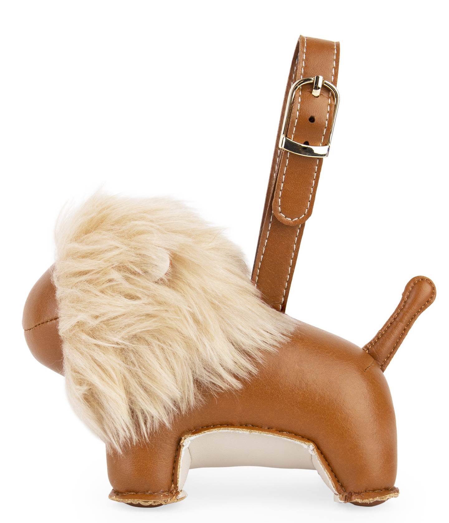 Taschenanhänger Löwe Lino aus braunem Leder mit weizenfarbener Mähne und goldenem Verschluss.