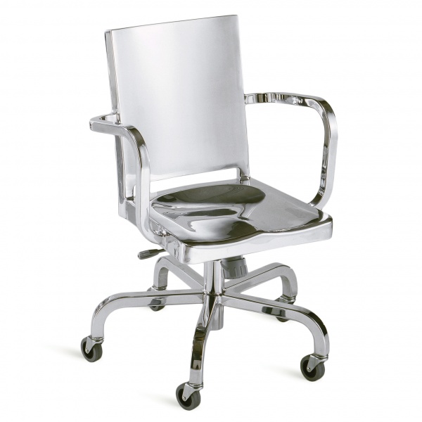 Hudson Drehstuhl von Emeco, Bürostuhl aus poliertem Aluminium mit Armlehnen und Rollen.