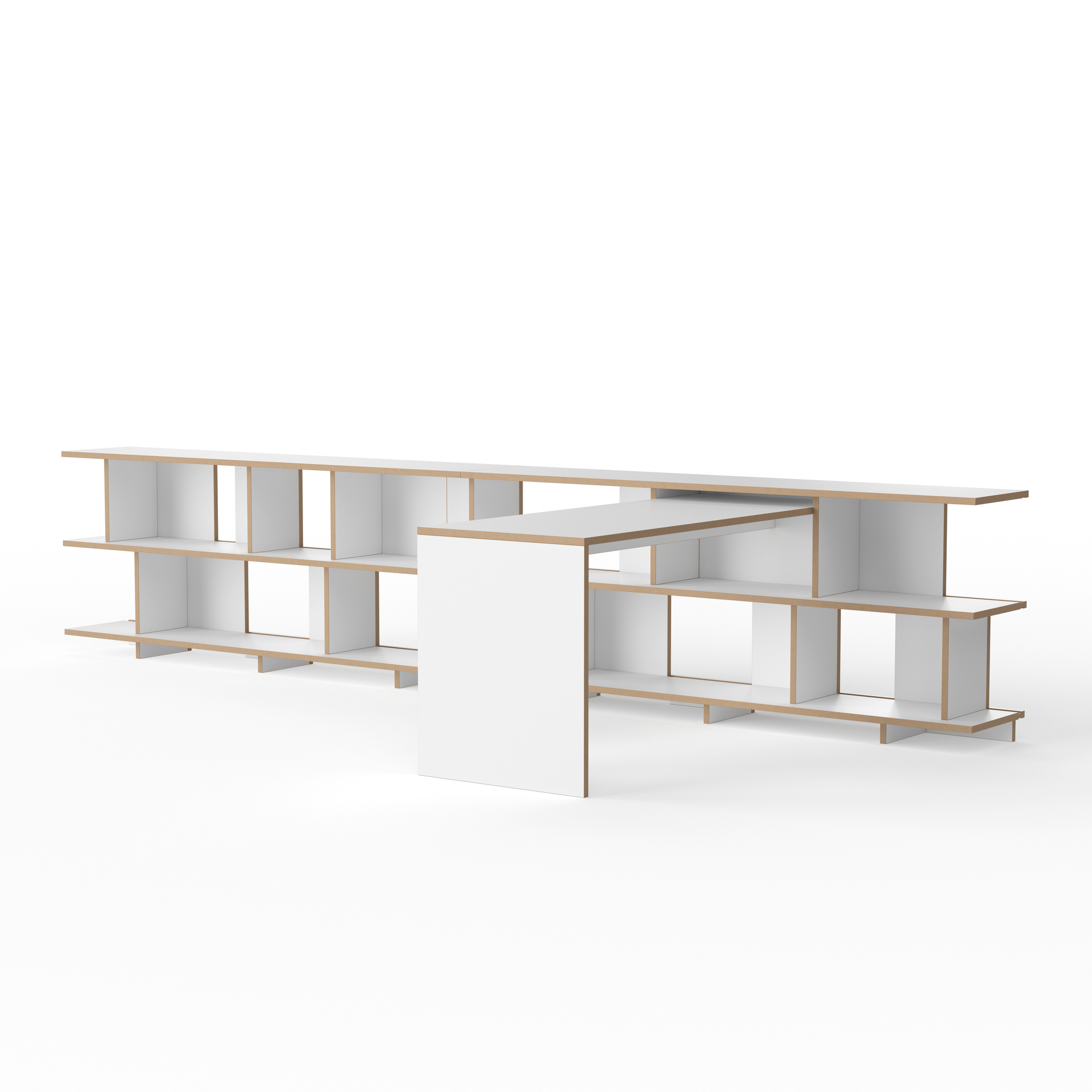 Weißes Tojo Stell Regal mit Anstelltisch, modernes Design für Büro und Wohnzimmer.