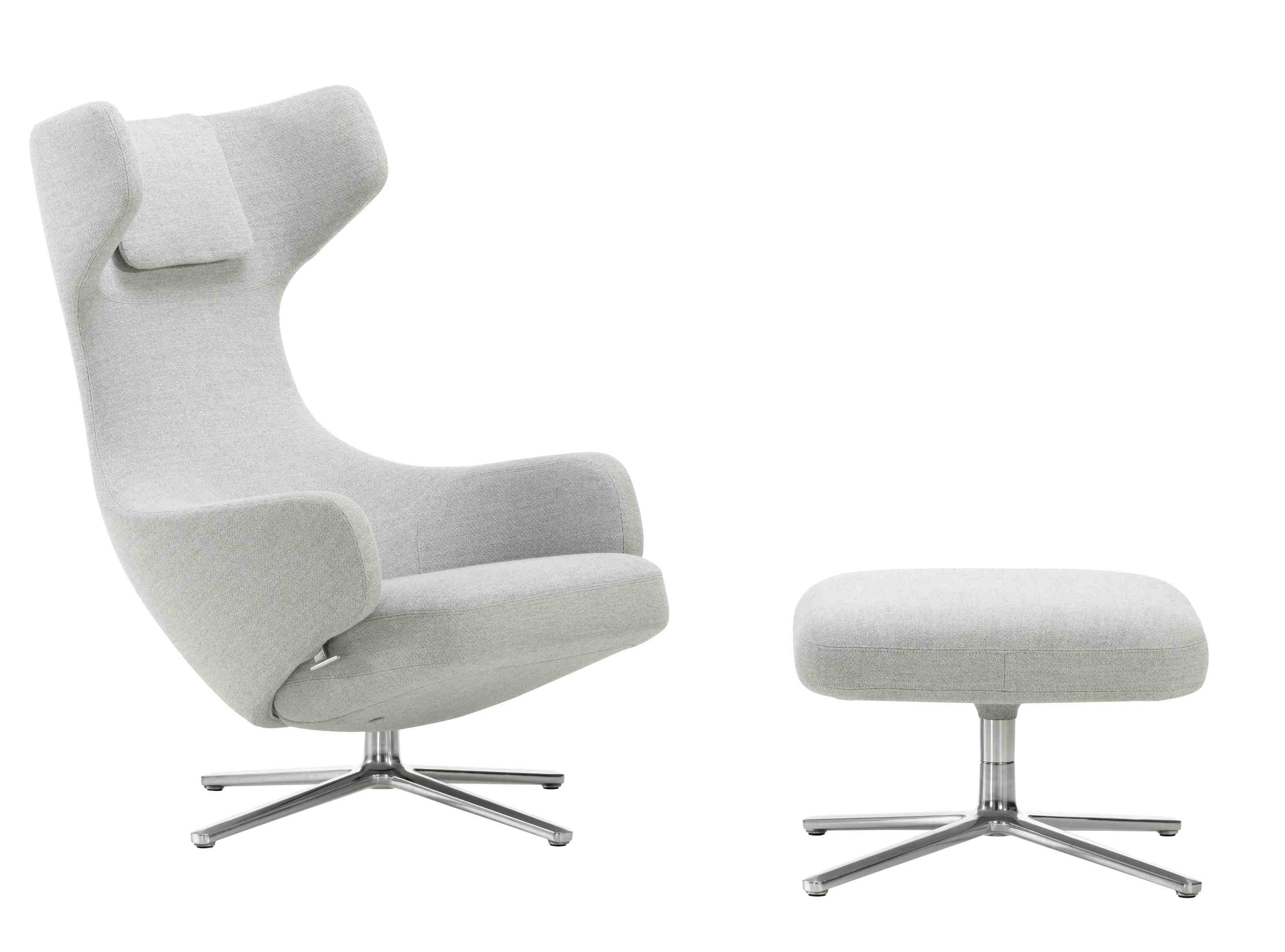 Grand Repos Sessel mit Ottoman von Vitra, Stoff Dumet Kiesel Melange, poliertes Aluminium.