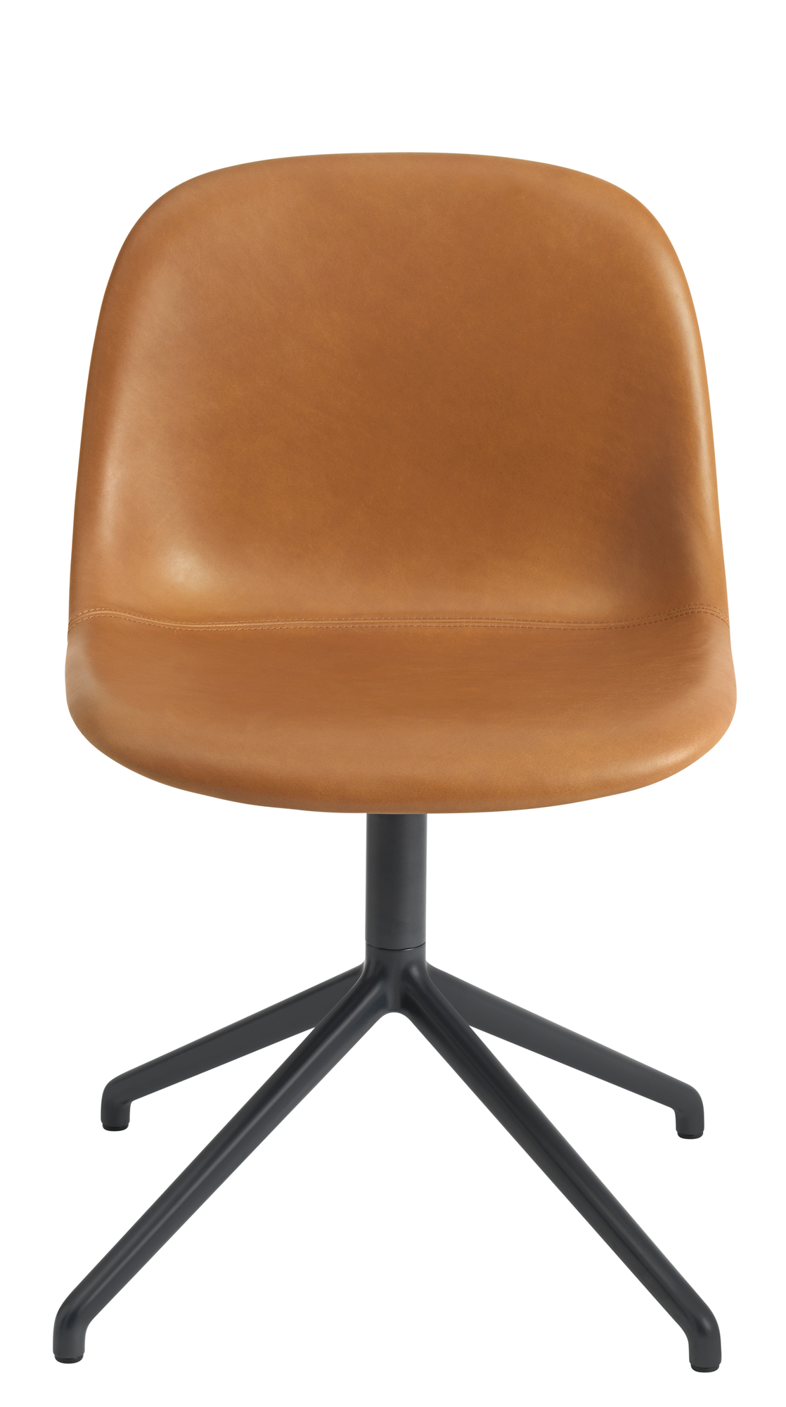 Muuto Fiber Side Chair mit Drehfuß, braunes Leder, moderner Bürostuhl oder Esszimmerstuhl.