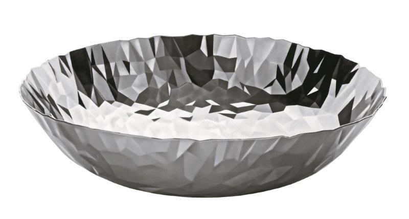 Alessi Joy n.1 Tafelaufsatz: Silberne Schale mit geometrischem, facettiertem Design für Tischdekoration.