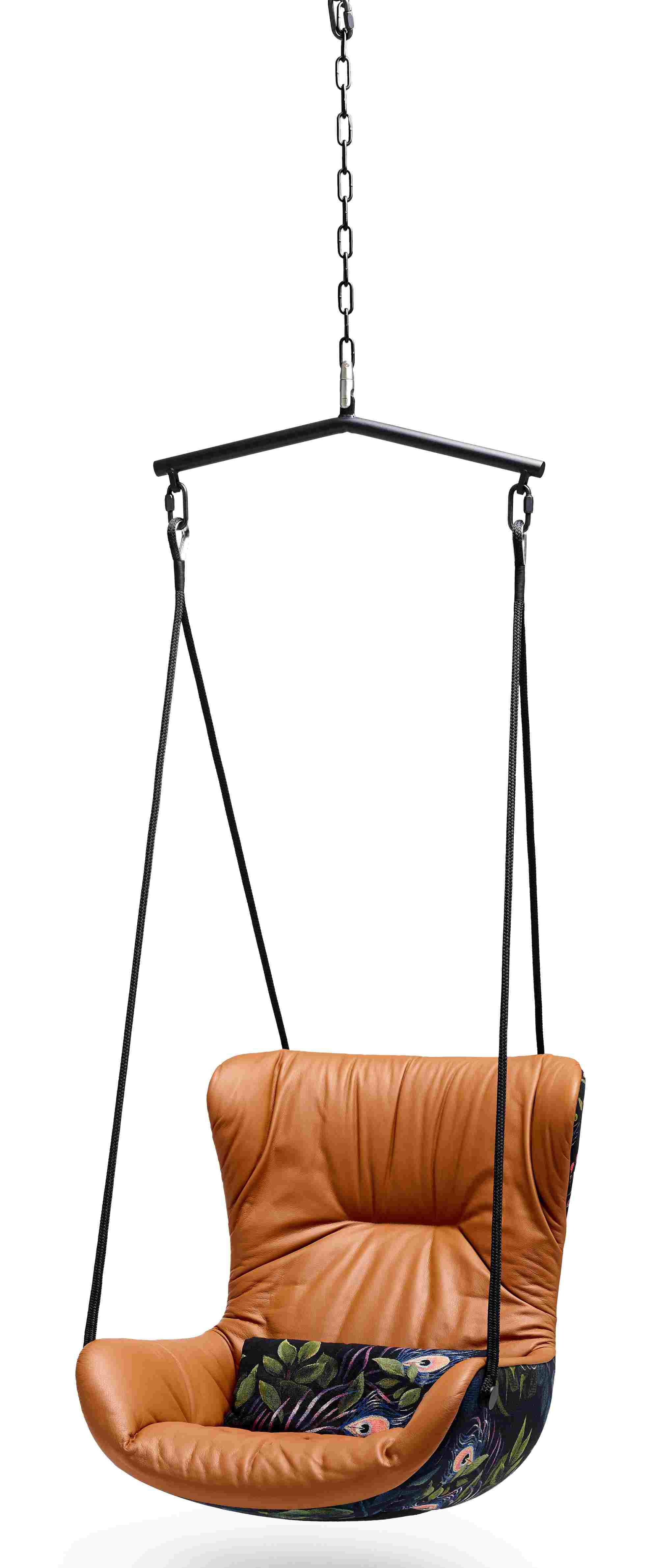 Freifrau Leya Swingseat: Hängesessel aus Leder mit floralem Kissen, schwebender Sessel für Entspannung.