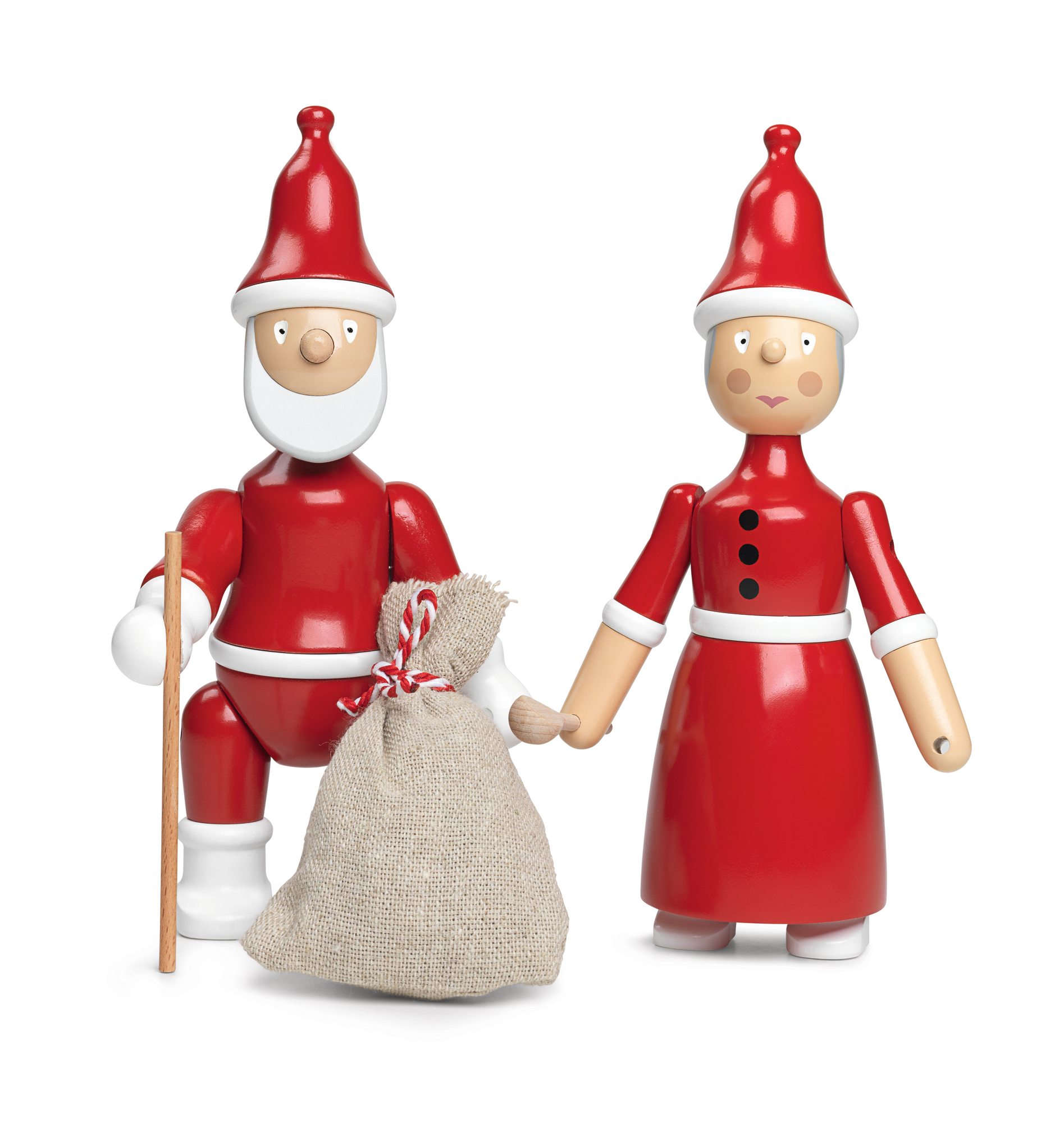 Kay Bojesen Weihnachtsmann und Weihnachtsfrau aus Holz, festliche Weihnachtsdekoration für Sammler und Liebhaber skandinavischen Designs.
