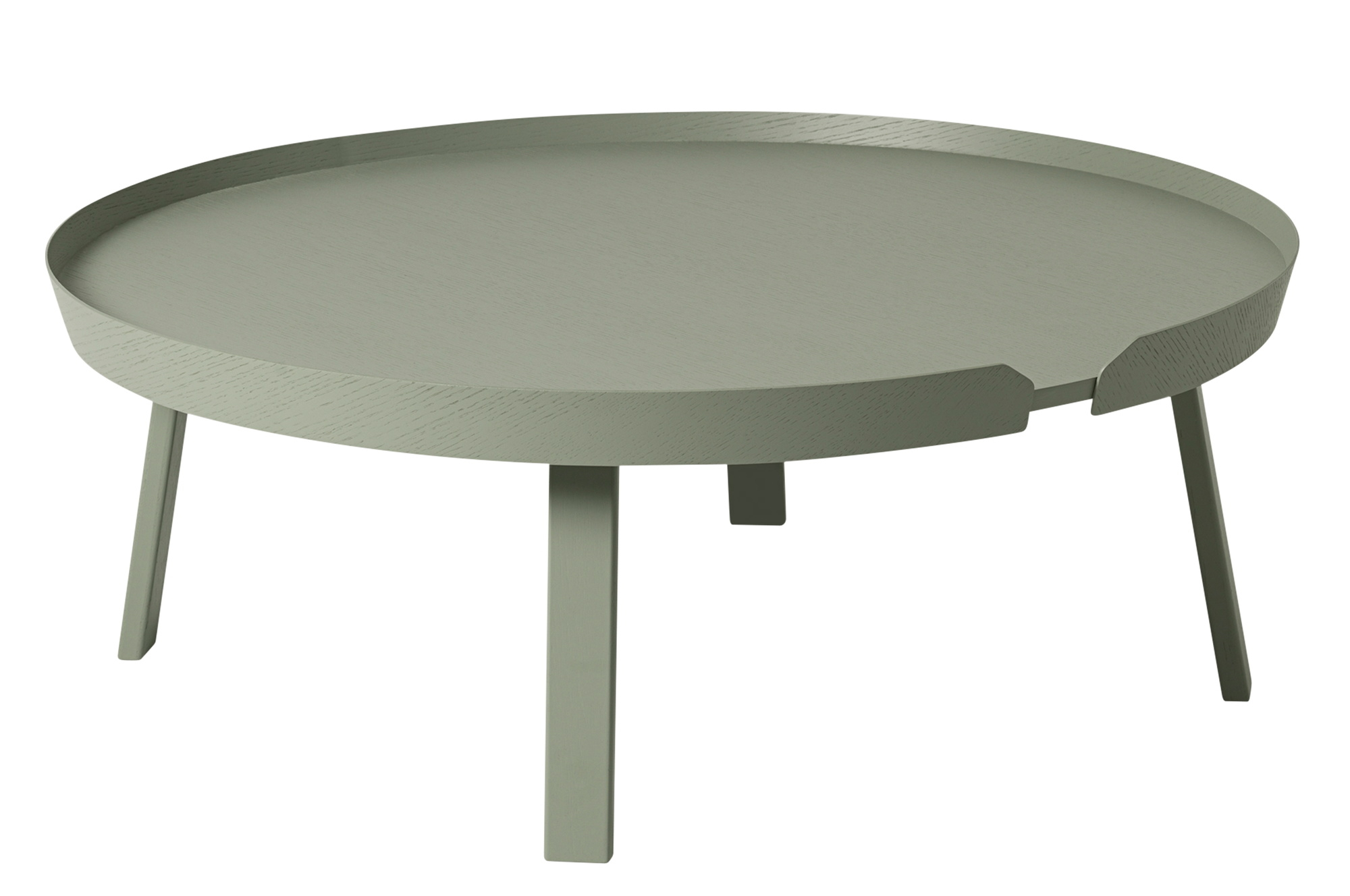 Runder, grüner Couchtisch "Around Coffee Table" von Muuto aus Holz mit drei Beinen.