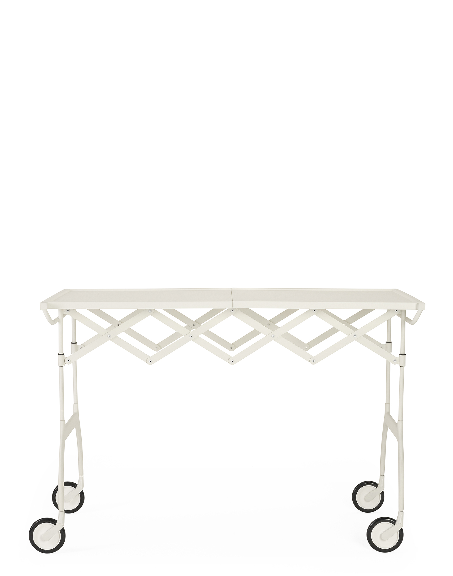Mattweißer Kartell Servierwagen Battista mit Rollen und Scherengestell, ausziehbarer Tisch.