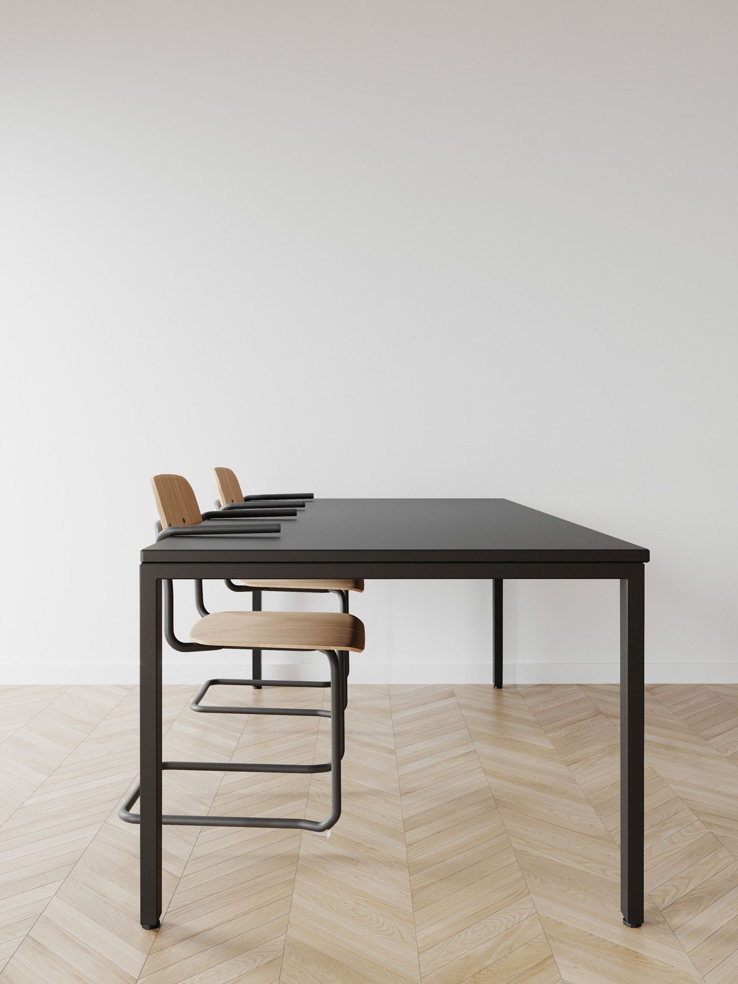 Hens HS 231 Stühle von Bejot an einem Tisch, ideal für Konferenzräume und Büros.