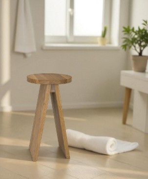 Heller, minimalistischer Raum mit einem Hocker groß EK02 von e15 aus hellem Holz.