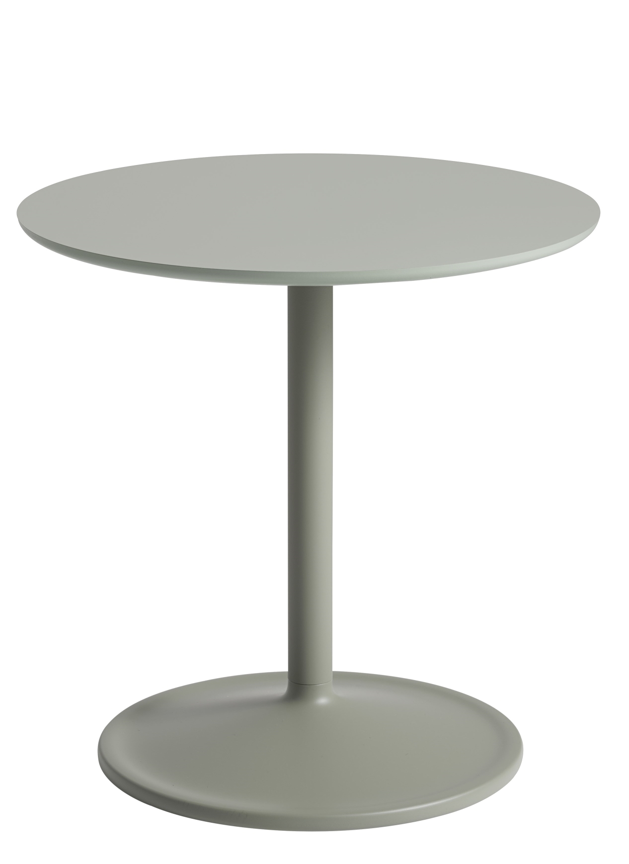 Muuto Soft Side Table Beistelltisch in sanftem Grau mit runder Tischplatte und Fuß für Wohnzimmer.
