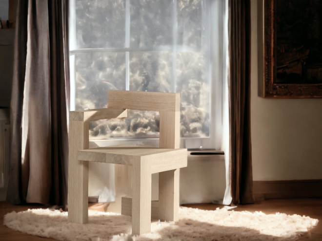 Steltman Stuhl aus massiver Eiche, whitewash gebeizt. Design Stuhl mit mattem Lack.