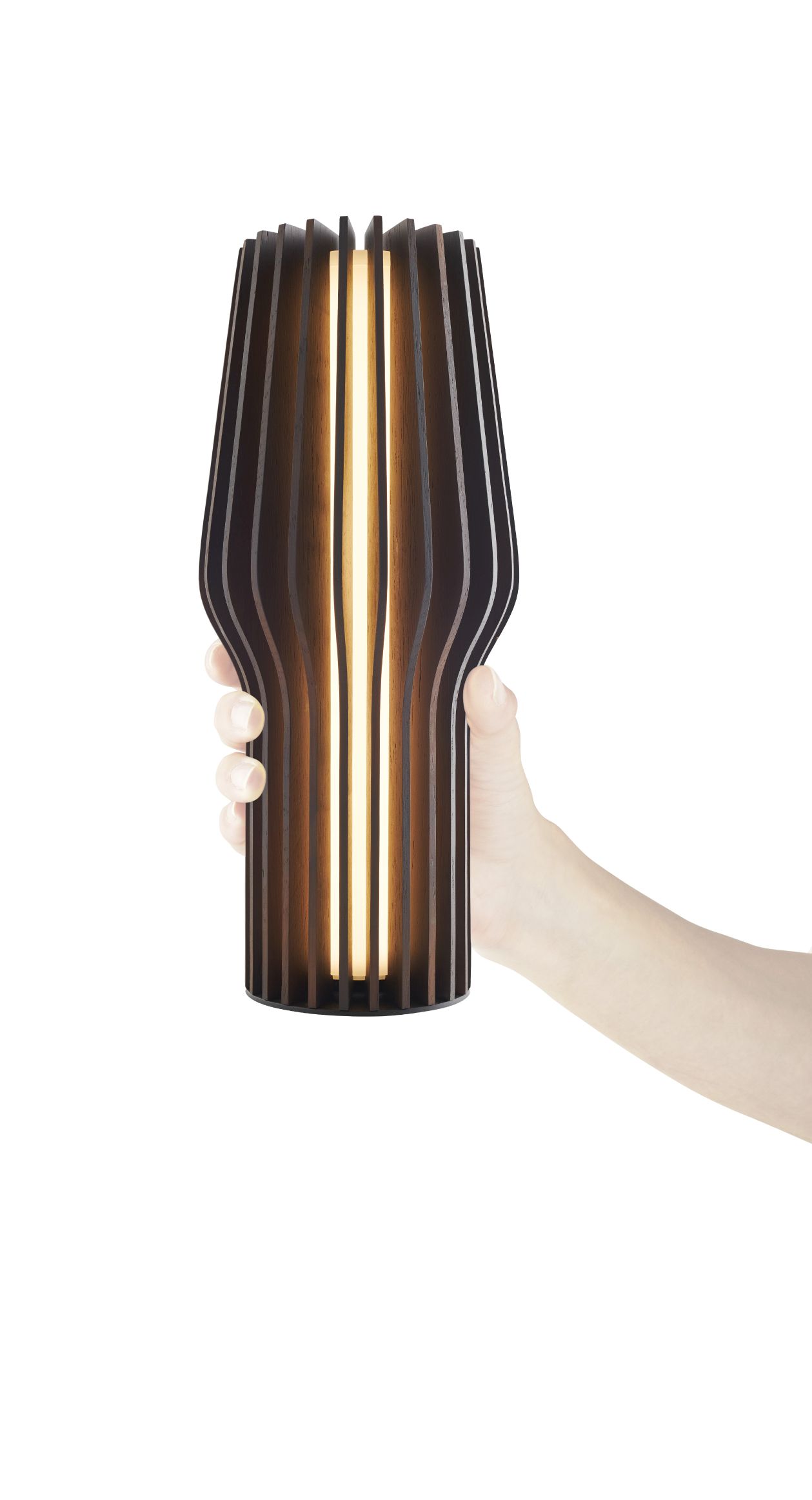 Radiant LED-Leuchte aus geräucherter Eiche von Eva Solo in der Hand gehalten. Kabellose Lampe.