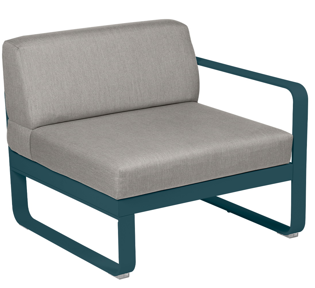 Bellevie Outdoor Sofa 1-Sitzer Modul rechts von Fermob, blaues Gestell, graue Polster.