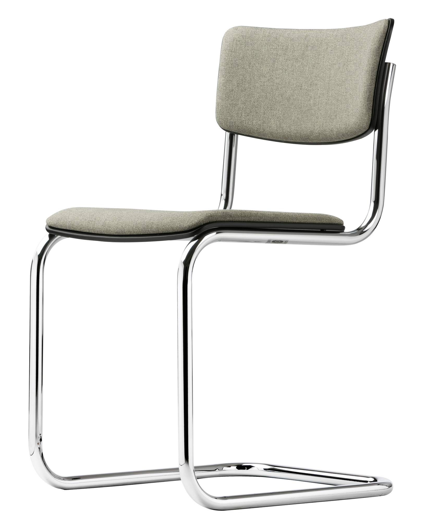 S 43 PV Thonet Freischwinger Stuhl mit Stahlrohrgestell und grauem Stoffbezug, klassisches Design.