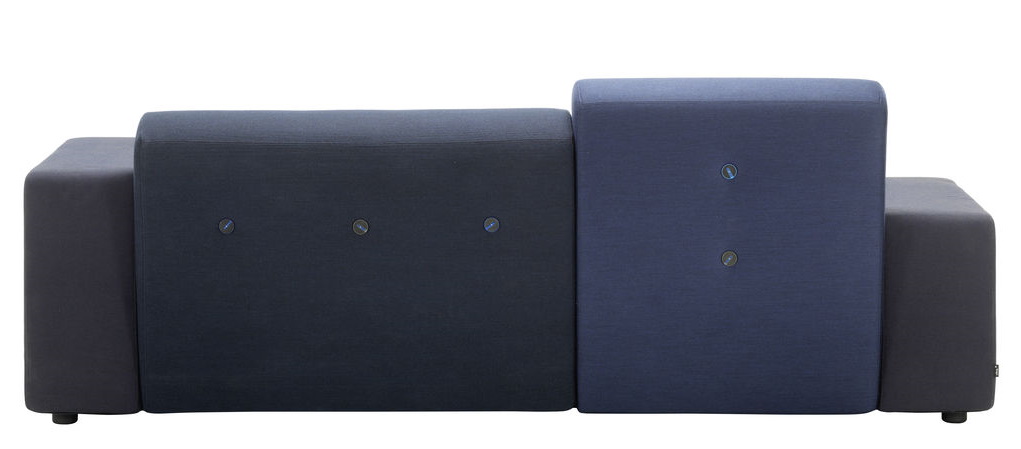 Vitra Polder Compact Sofa in Blau- und Grautönen, modernes modulares Design mit Knopfdetails.