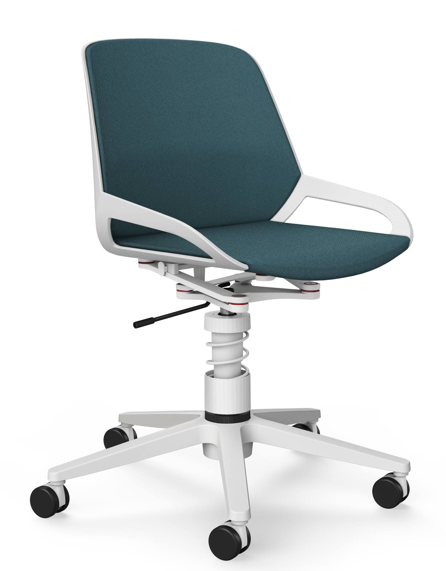 Numo Task Bürodrehstuhl von Aeris mit Federbein, Rollen und petrolfarbener Sitzfläche, ergonomischer Arbeitsstuhl für Büro und Homeoffice.