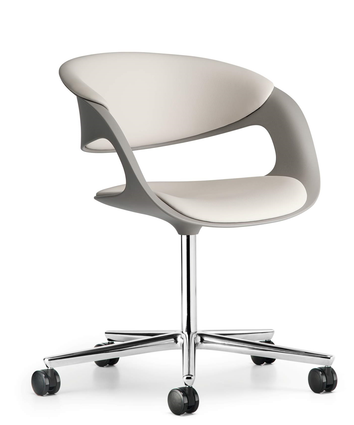 Walter Knoll Lox Drehstuhl mit grauem Gestell und weißer Sitzfläche auf Rollen.
