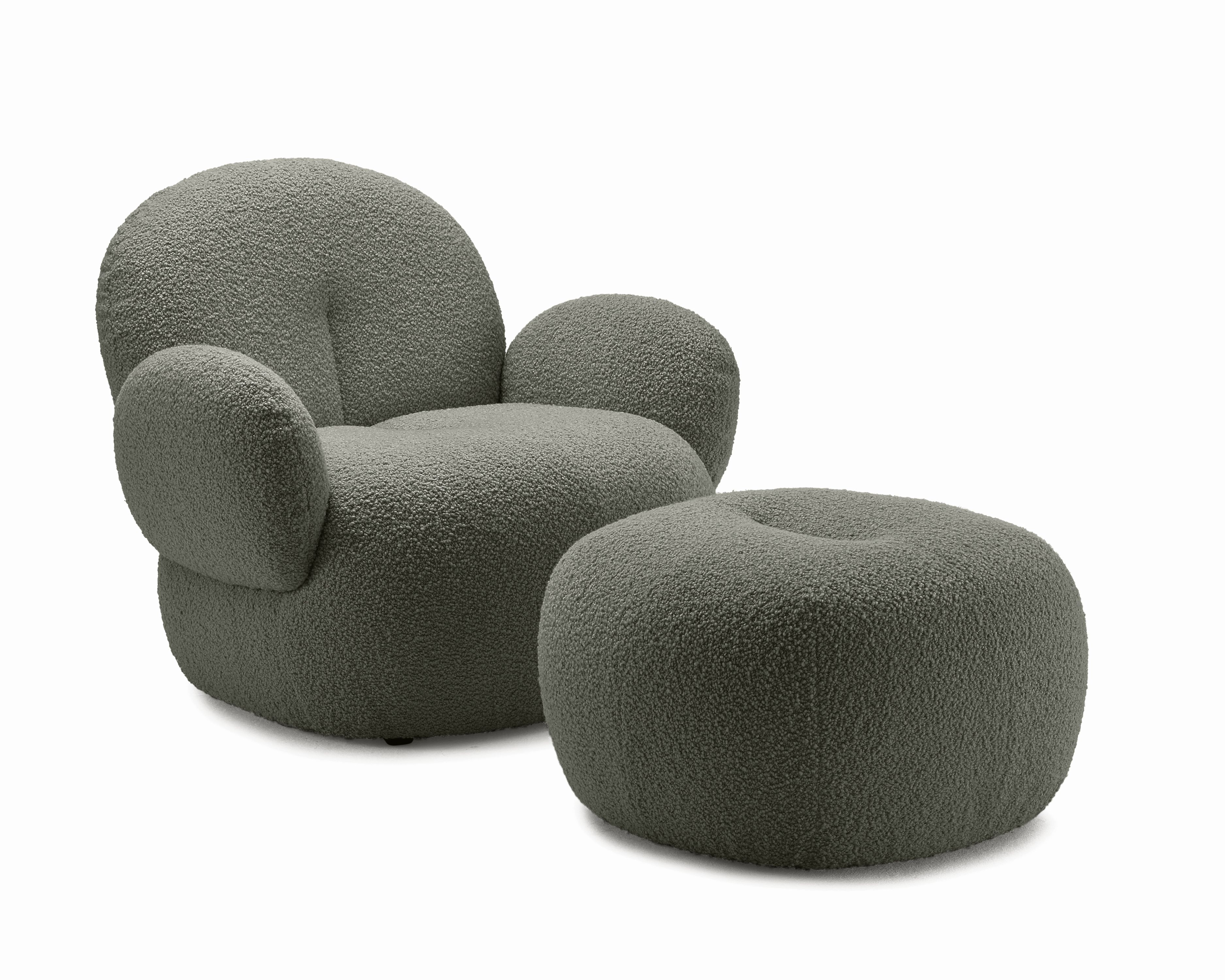Nana Hocker von Freifrau Manufaktur, grauer Sessel mit rundem Polsterhocker im Bouclé-Stoff, modernes Wohnzimmer-Design.