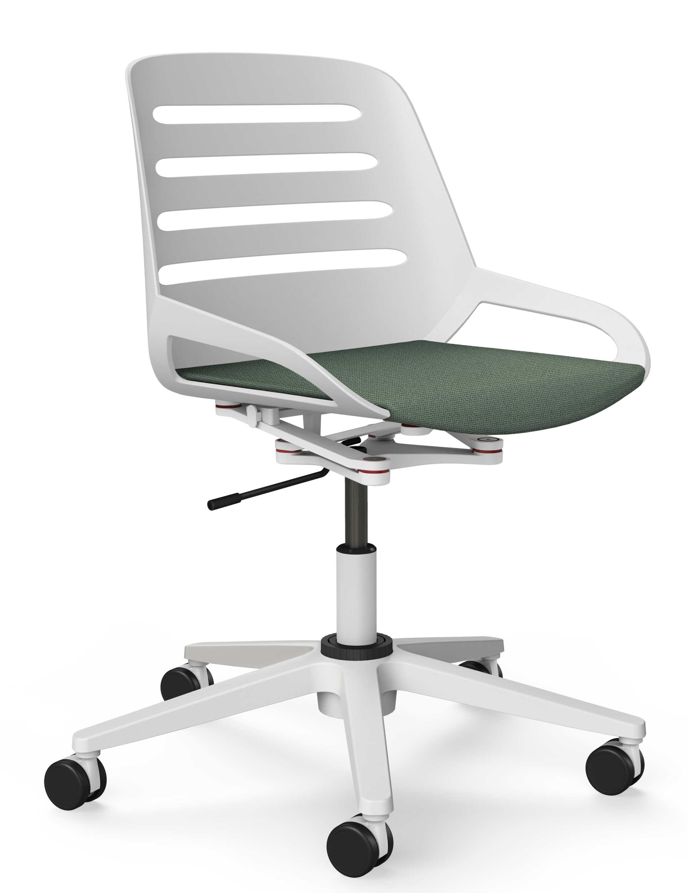 Numo Task Bürodrehstuhl von Aeris, weiß mit grüner Sitzfläche und Rollen, ergonomischer Arbeitsstuhl.