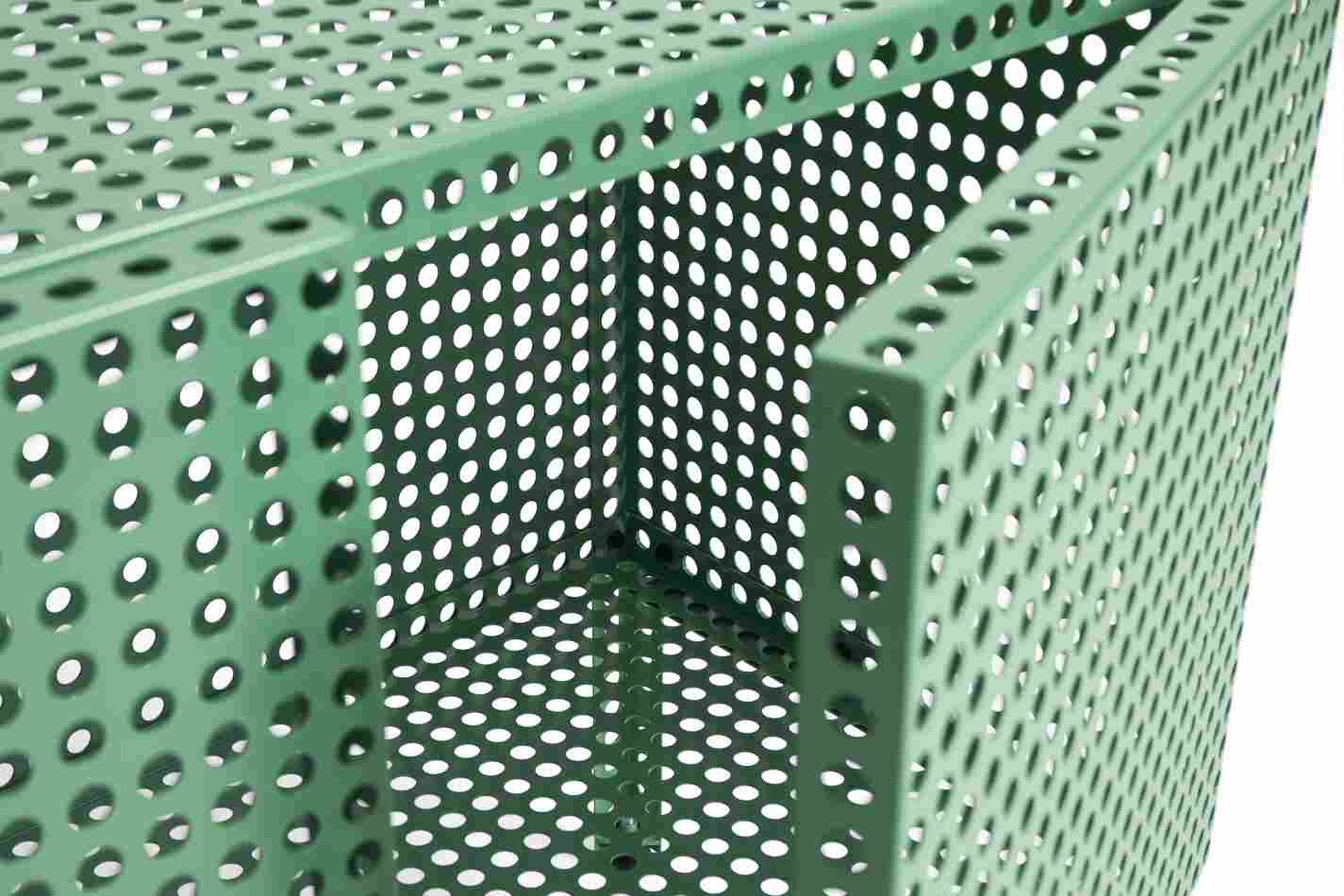 Detailaufnahme des grünen Hay Perforated Cabinet Sideboards mit Lochmuster und minimalistischem Design.