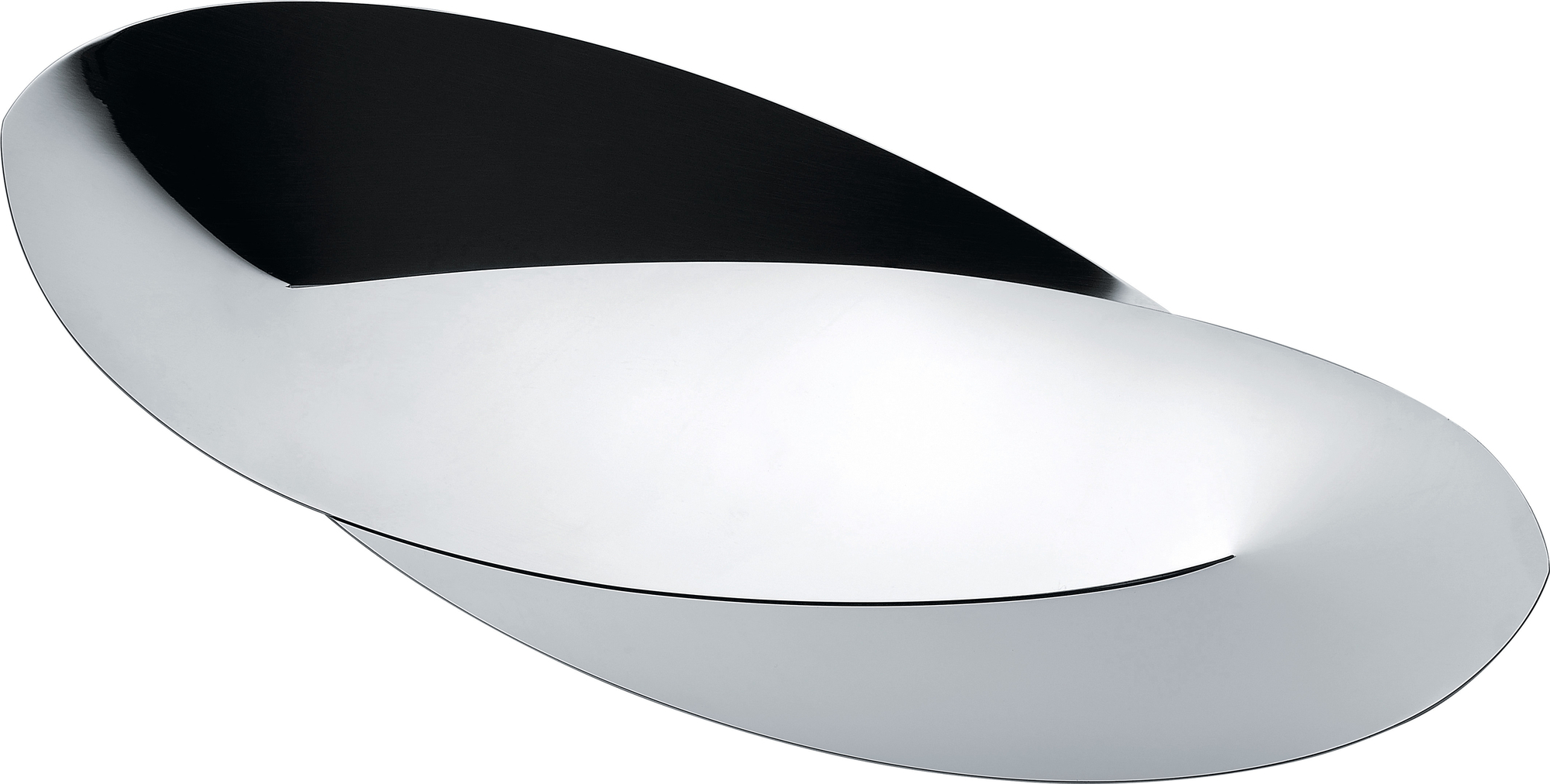 Nahaufnahme der Alessi Octave Obstschale aus glänzendem Edelstahl, modernes Design.