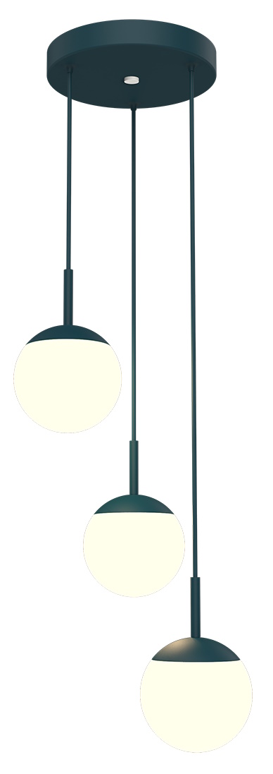 Mooon Triple Pendelleuchte von Fermob in Petrolblau mit drei leuchtenden Kugeln und filigranen Aufhängungen.