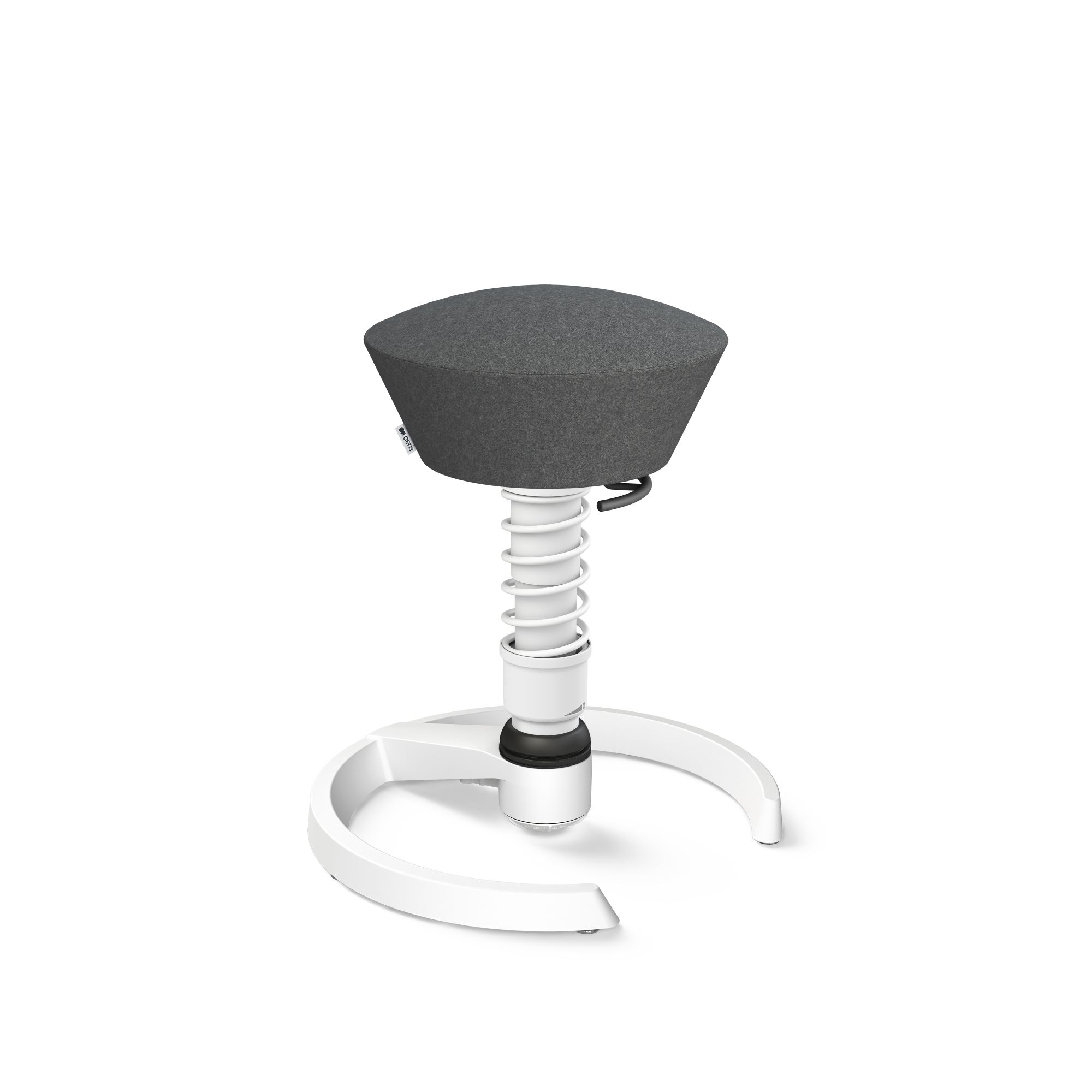 Aeris Swopper Aktiv-Hocker mit grauem Sitz und weißem Federbein für ergonomisches Sitzen im Büro.