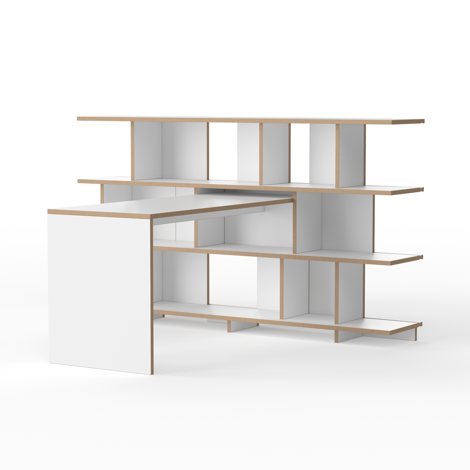 Weißes Tojo Stell Regal mit Anstelltisch, modernes Design für Büro und Wohnzimmer.