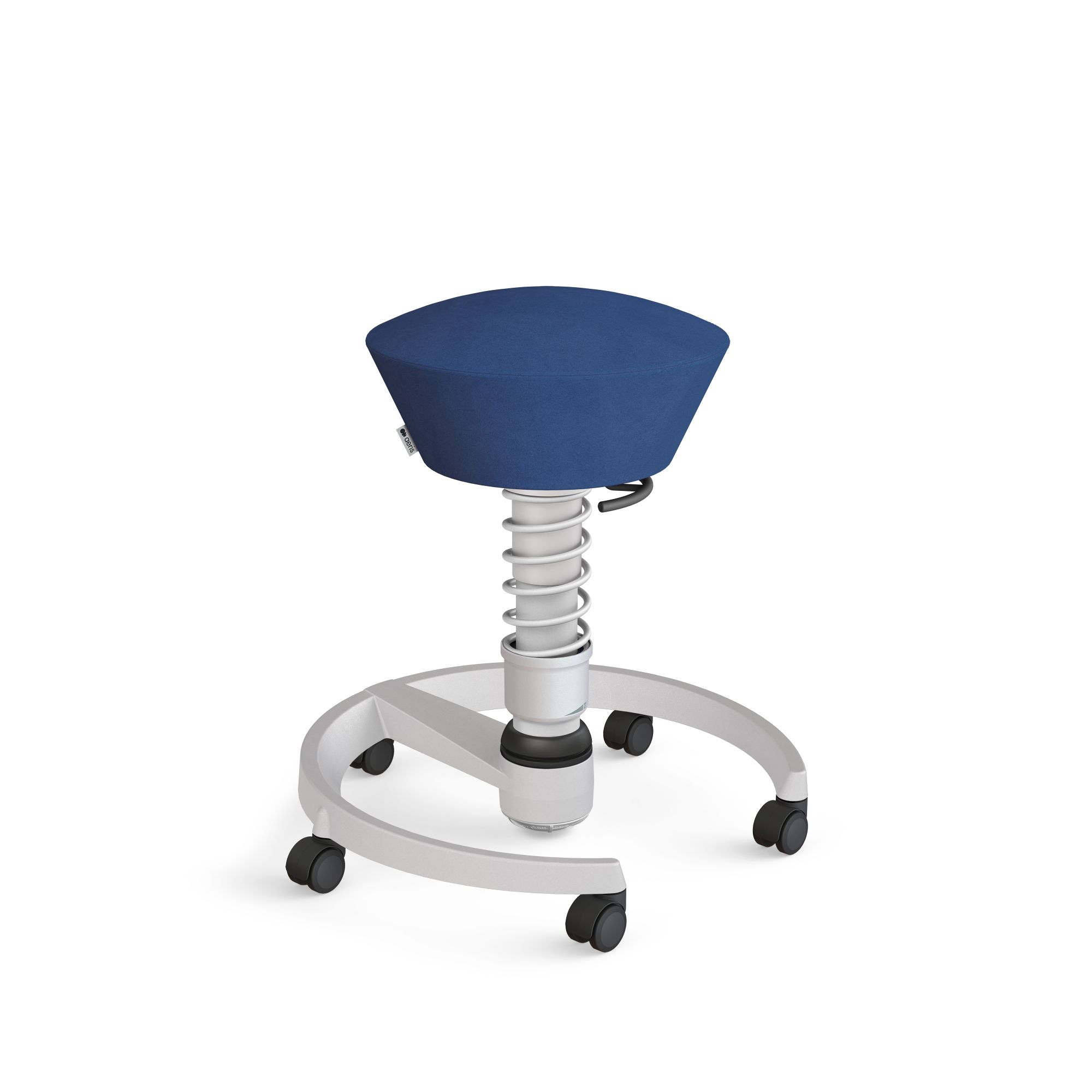 Blauer Aeris Swopper Bürostuhl mit Federbein und Rollen, ergonomischer Hocker für dynamisches Sitzen.