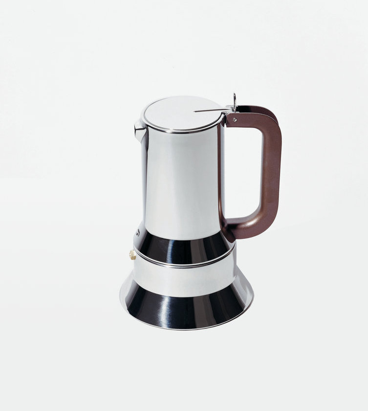 Alessi Espressokocher 9090/3 aus Edelstahl mit braunem Griff für aromatischen Espresso.