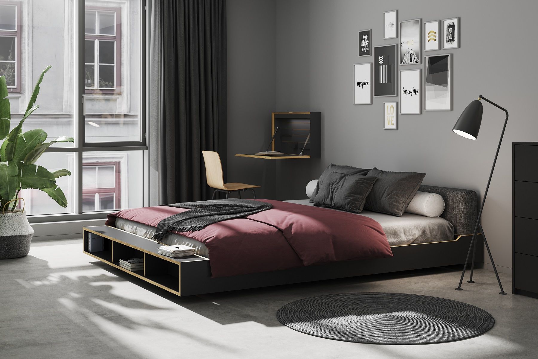 Modernes Schlafzimmer mit Flatbox Sekretär von Müller Möbelwerkstätten, Bett mit roter Decke und minimalistischer Einrichtung.