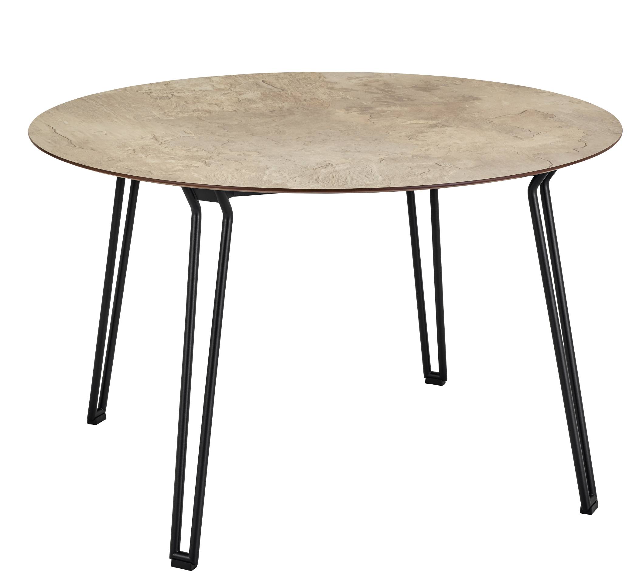 Slope Tisch von Weishäupl, runder Esstisch für den Außenbereich mit schwarzem Metallgestell.