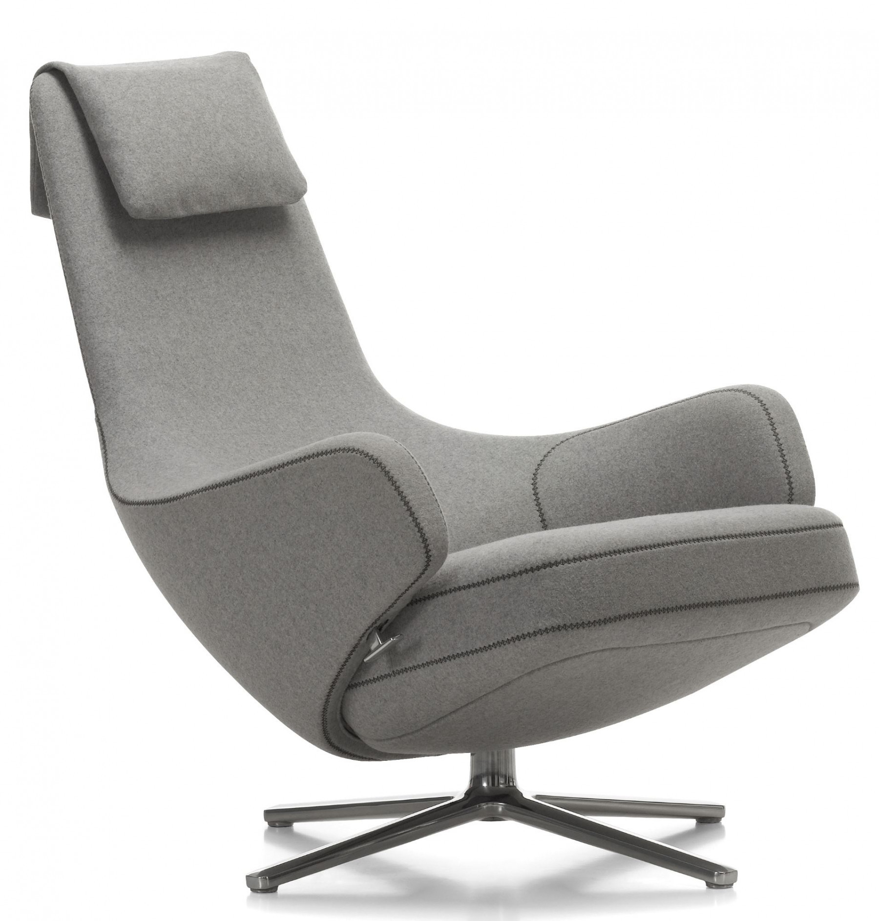 Grauer Vitra Repos Sessel mit Kopfstütze und Drehfuß, moderner Relaxsessel für Wohnzimmer.