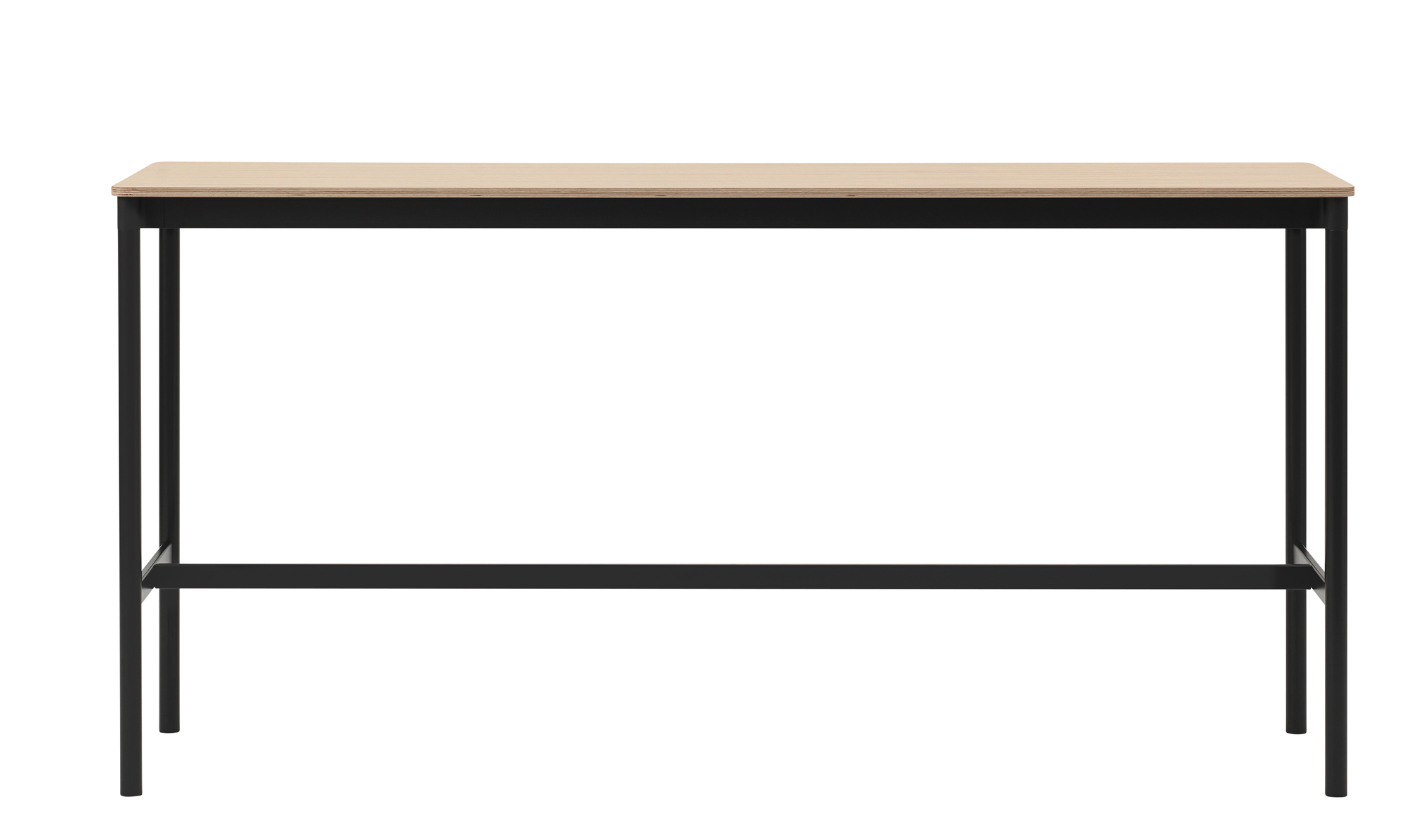 Muuto Base High Table Stehtisch mit heller Holzplatte und schwarzem Metallgestell, Frontansicht.