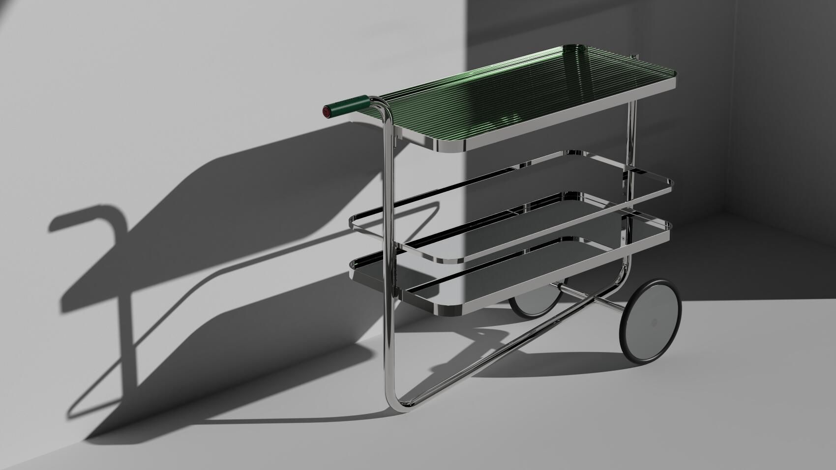 S 179 Tanqueray Barwagen Thonet mit drei Ablageflächen und Rädern aus verchromtem Stahlrohr.