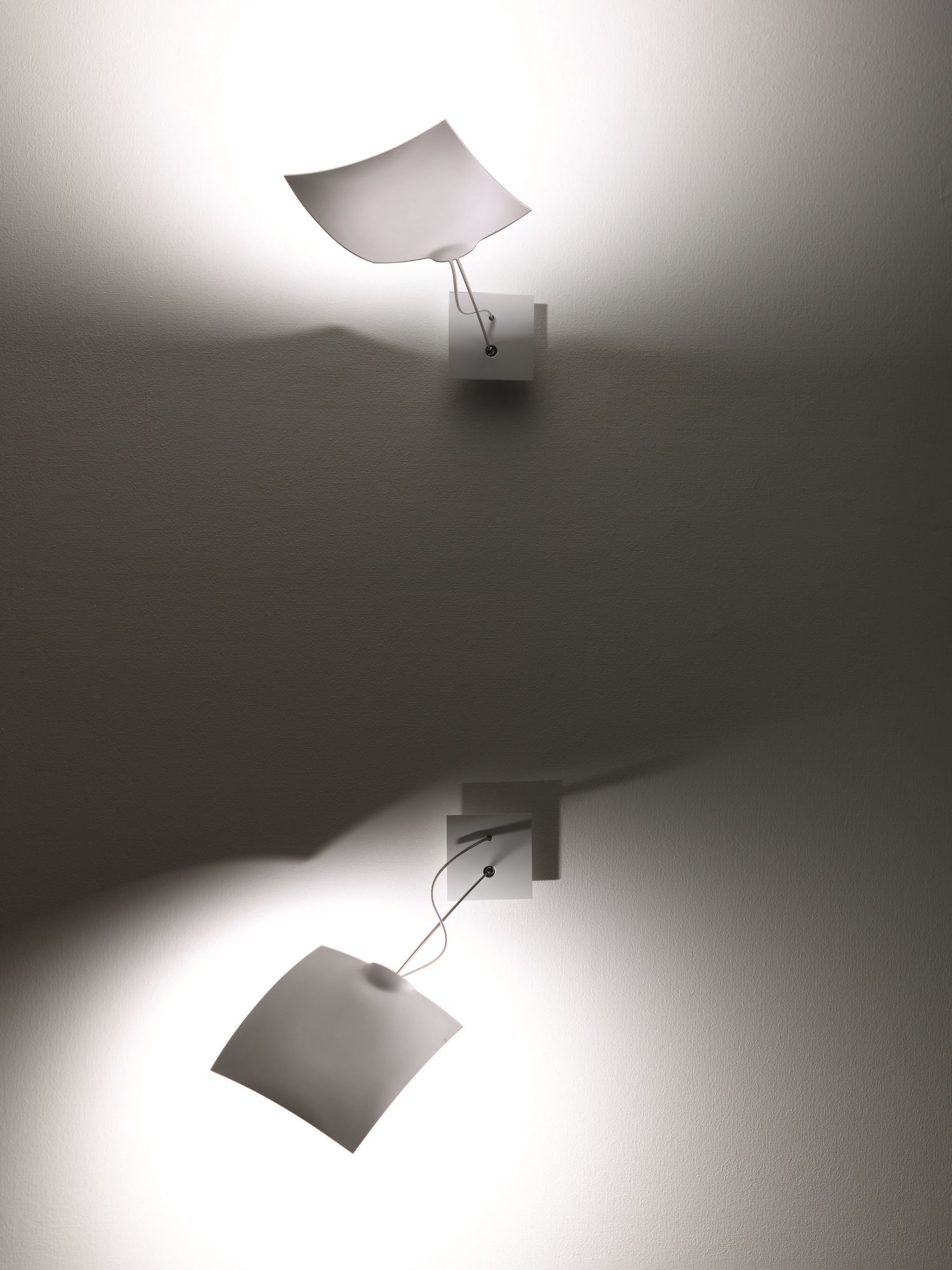 Zwei moderne 18 x 18 LED Wandleuchten von Ingo Maurer an einer weißen Wand.