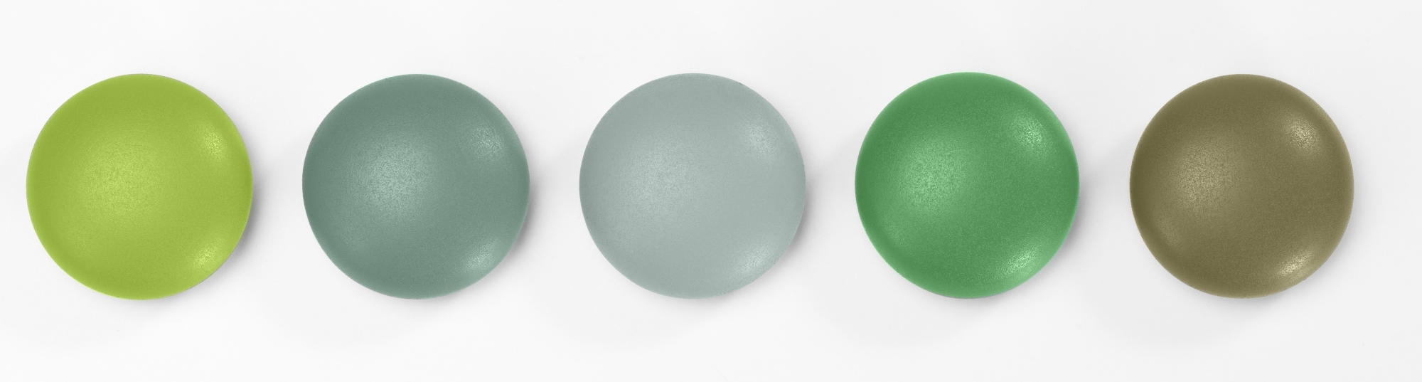 Fünf Magnet Dots Magnethalter in verschiedenen Grüntönen, Büroaccessoire für Notizen und Fotos.