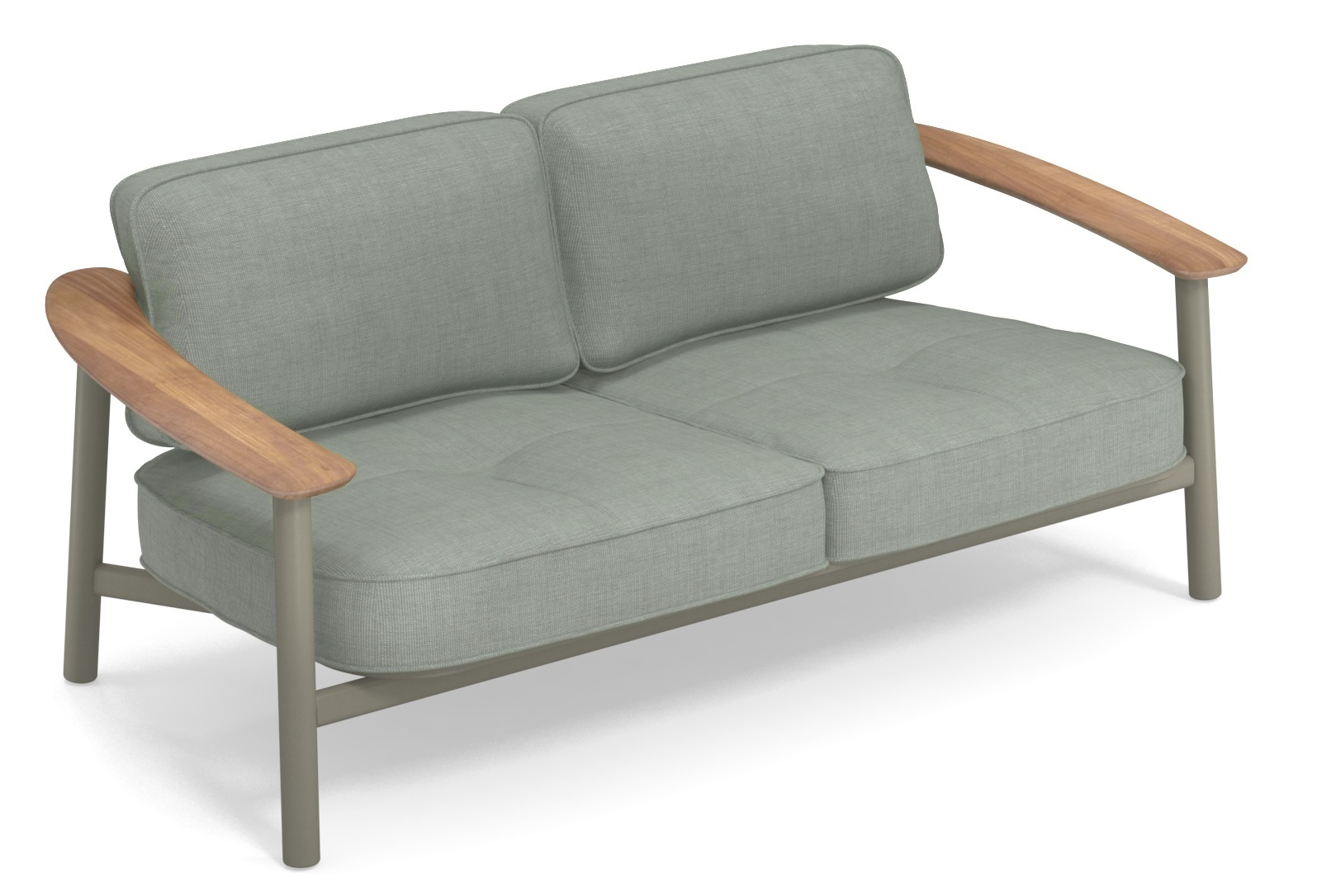 Graues Twins Sofa Outdoor von Emu mit Holzarmlehnen, modernes Design für Garten und Terrasse.