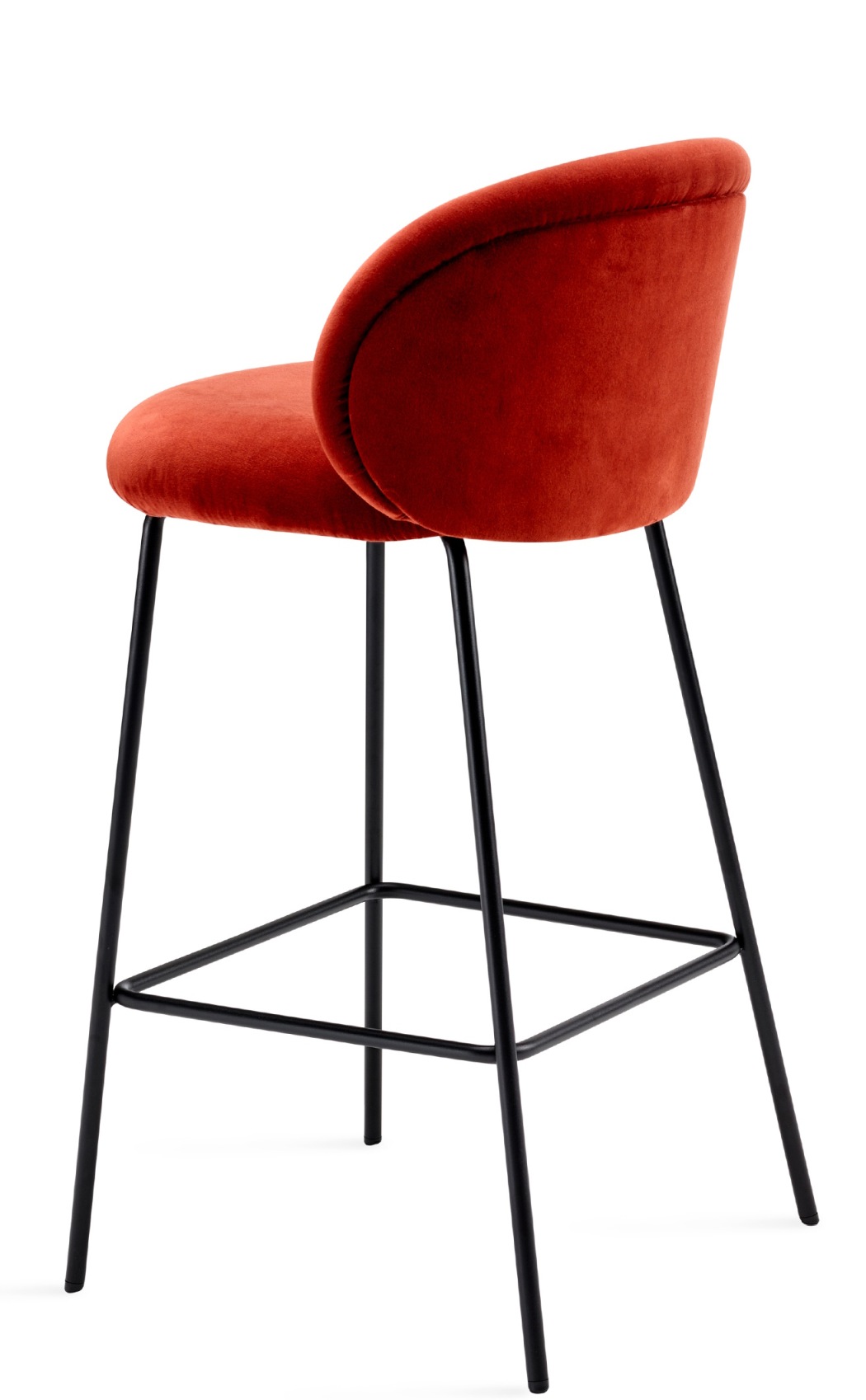 Ona Counterstool Barhocker von Freifrau Manufaktur mit rotem Samtbezug und schwarzem Metallgestell, Rückansicht.
