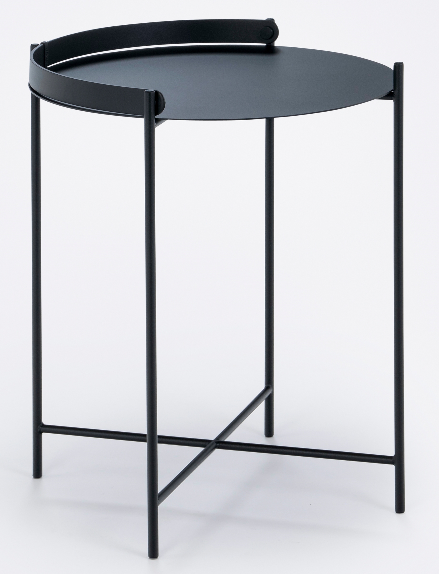Schwarzer Edge Tray Table Beistelltisch von Houe für den Outdoor-Bereich, runde Tischplatte und Metallgestell.