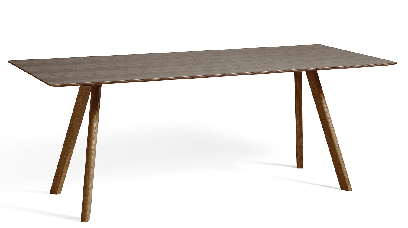 Copenhague Table CPH 30 von Hay, Esstisch mit brauner Tischplatte und Holzbeinen, freigestellt.