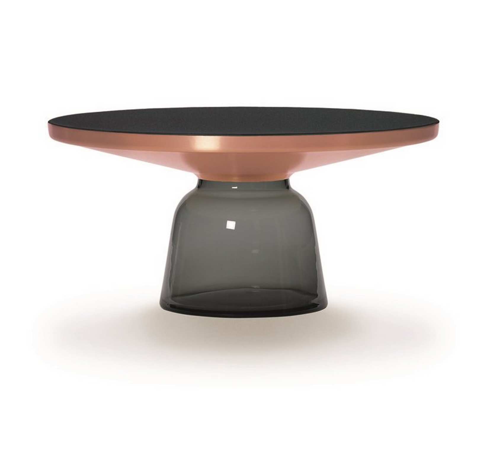 Bell Coffee Table Couchtisch mit Kupfer-Gestell und grauer Glasbasis, modernes Design für Wohnzimmer.