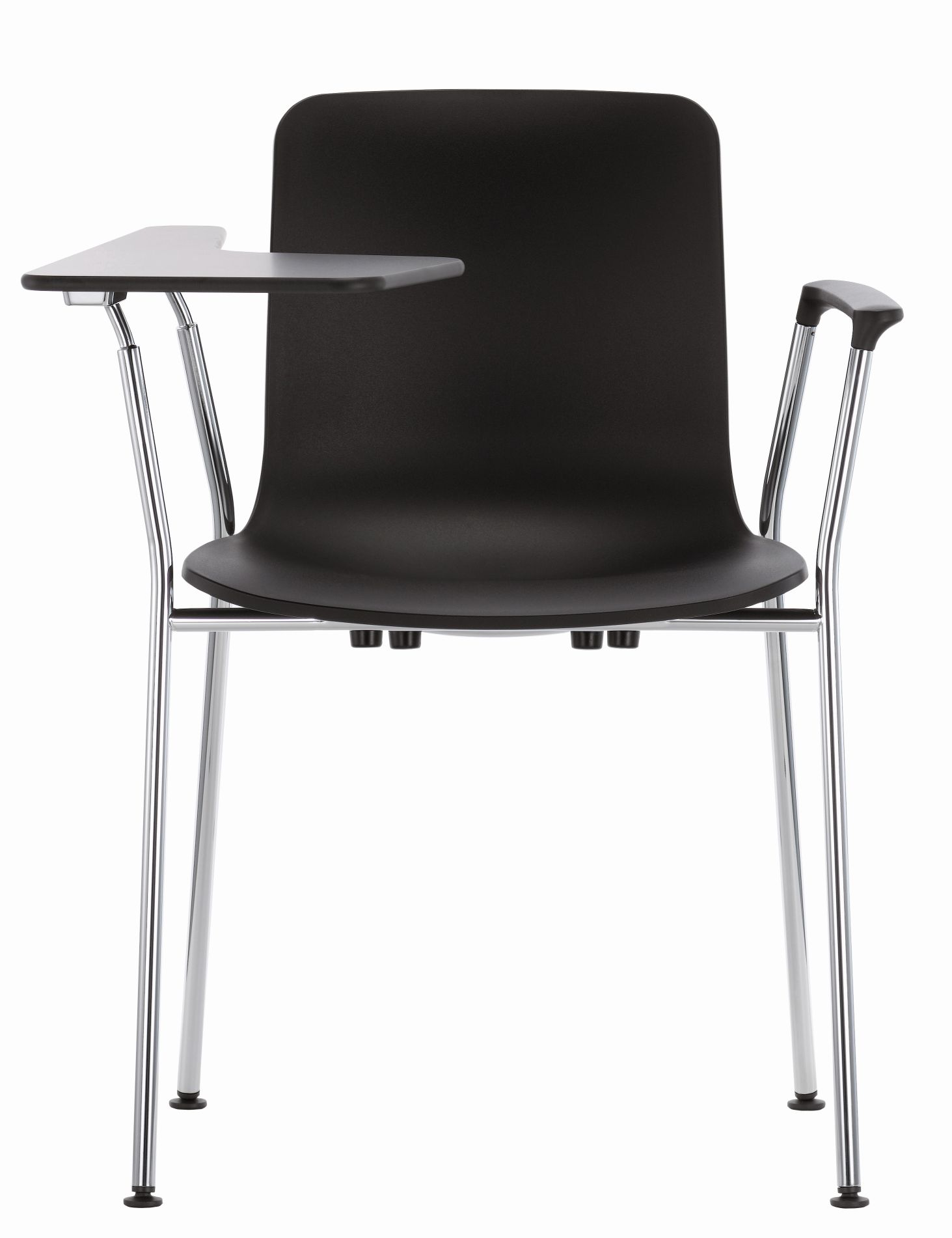 Schwarzer Hal Stuhl von Vitra mit Schreibplatte und verchromtem Gestell, ideal für Seminare.