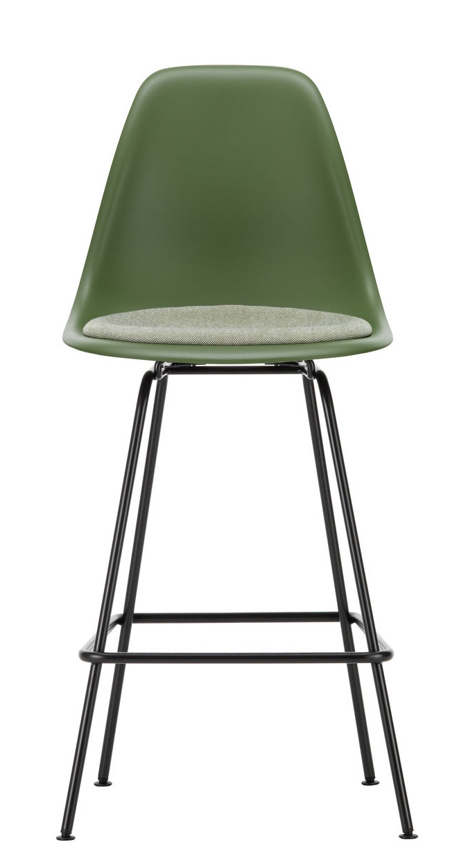 Eames Plastic Bar Stool von Vitra, Barhocker in Grün mit Sitzpolster und schwarzem Gestell.