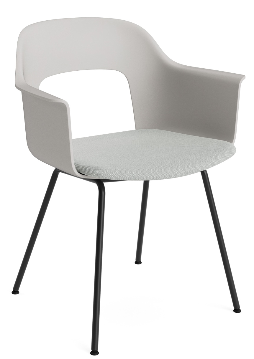 Layout Armchair von Hay: Moderner Armlehnstuhl in Grau mit schwarzem Metallgestell und gepolsterter Sitzfläche.