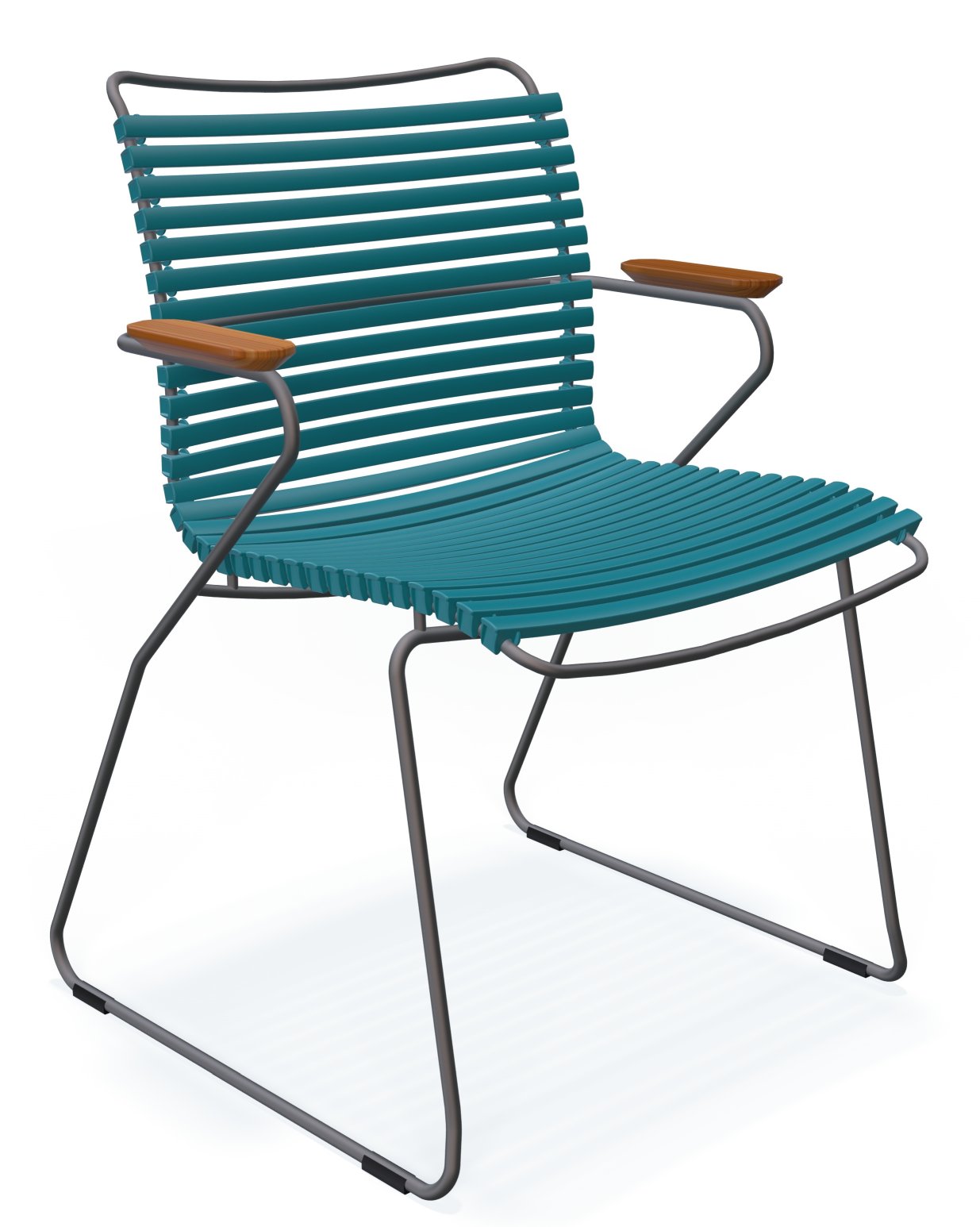 Houe Click Dining Stuhl mit Armlehne für den Garten, dunkelgraues Metallgestell, blaue Kunststofflamellen.