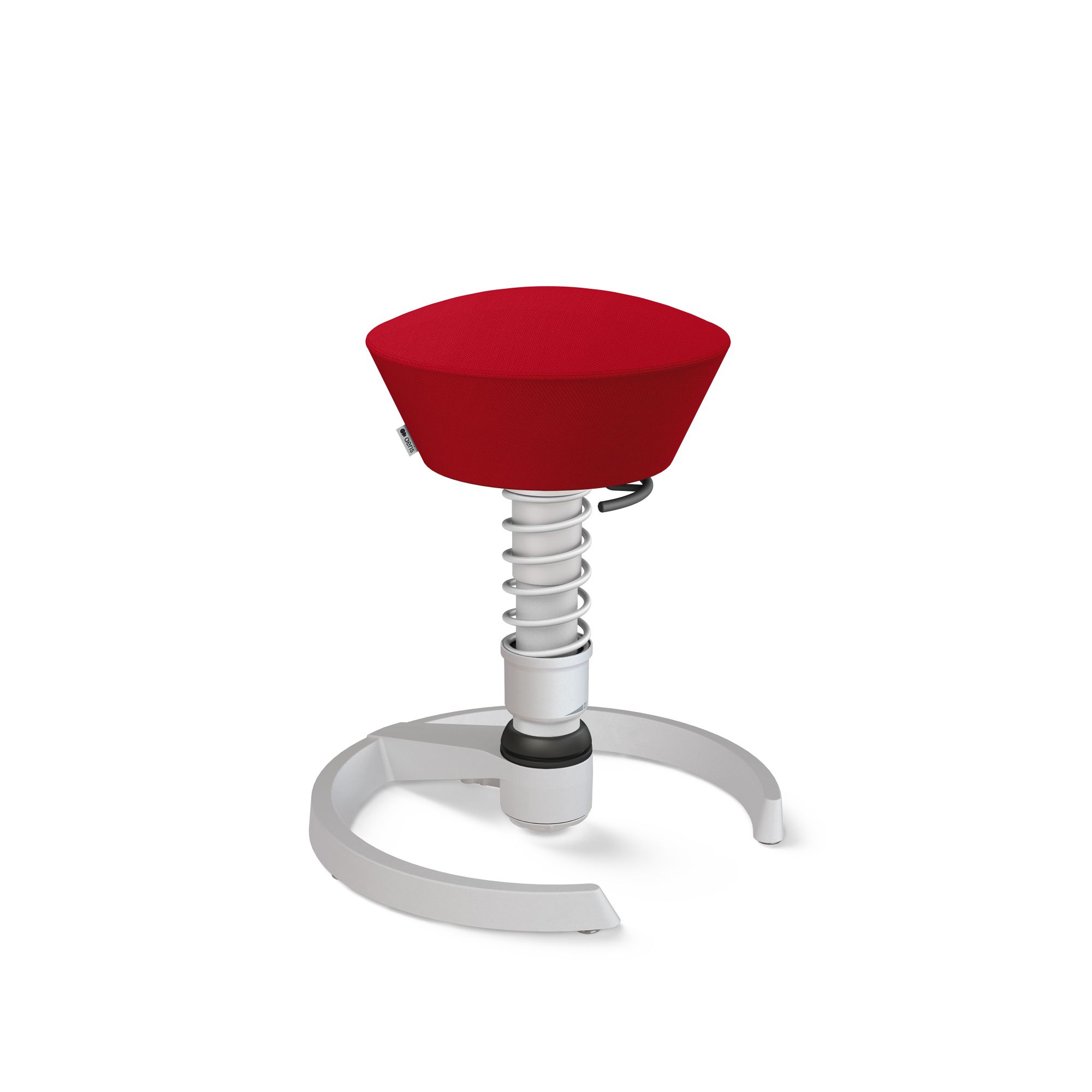 Aktiv-Sitzhocker mit rotem Sitz und weißem Federbein, ergonomischer Stehhocker für dynamisches Sitzen.