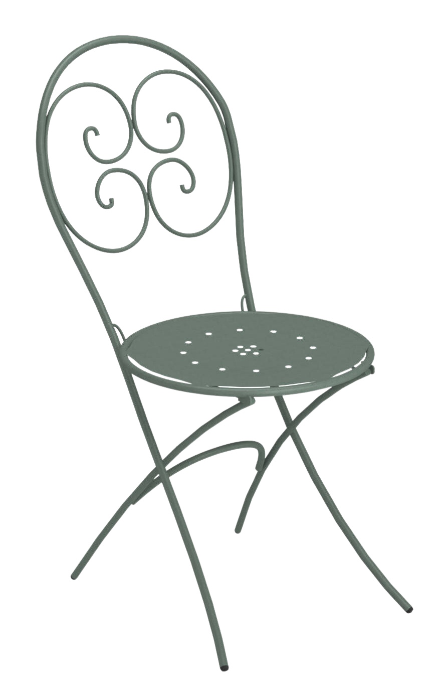 Pigalle Klappstuhl von Emu für den Garten: Metallstuhl in Grün mit filigranem Design.