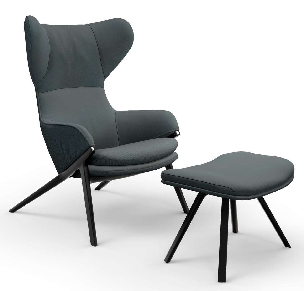 Grauer Cassina Sessel mit hoher Rückenlehne und passender Fußstütze für bequemes Sitzen.